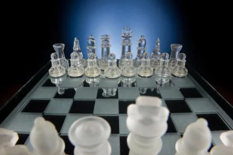 Chess face to face, first step. Copy space for text Stock Photos