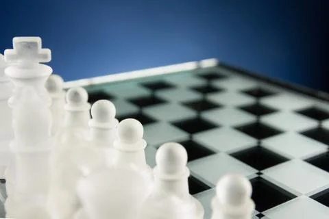 Chess face to face, first step. Copy space for text Stock Photos