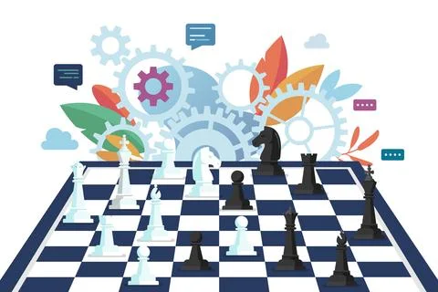 Chess figures on a chess board with mechanic gears in the background. Vecto.. Stock Illustration