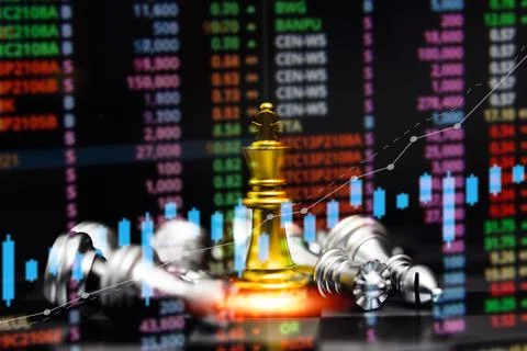 Chess game on board indicators chart forex and graph stock market finance inv Stock Photos
