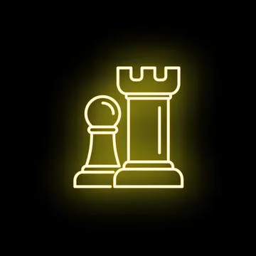 Chess game strategy with glowing neon rook pawn icons Stock Illustration