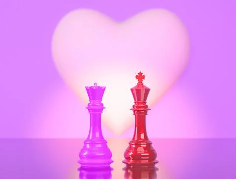 The chess king and queen stand side by side looking at a new future. 3d illus Illustrazione stock
