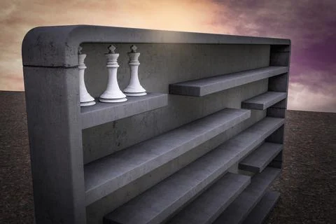 Chess King inside a maze at sunset magenta sky demonstrating leadership compl Illustrazione stock