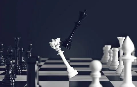 Chess king piece defeats another king on chessboard. 3d rendering Stock Illustration