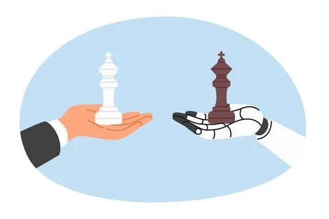 Chess kings in hands of human and robot, competing in strategic planning and Stock Illustration