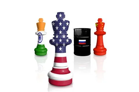 Chess made from flags of India, China, and US. USA sanctions for Russian war Stock Illustration