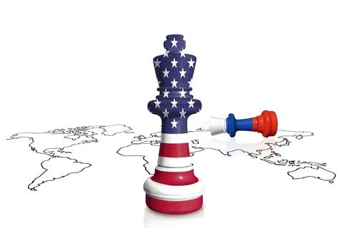 Chess made from flags of USA and Russia on a world map Stock Illustration