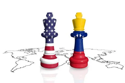 Chess made from flags of USA and Venezuela on a world map Stock Illustration