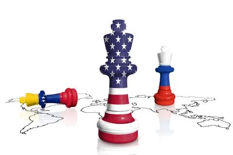 Chess made from flags of USA and Venezuela and Russia 写真素材