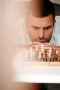 Chess, man and thinking for strategy, stressed and problem solving for games and Stock Photos