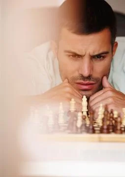 Chess, man and thinking for strategy, stressed and problem solving for games and Foto stock
