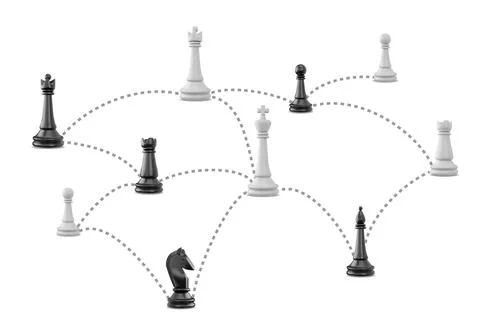 Chess network illustration, 3D strategy set vector. Illustrazione stock