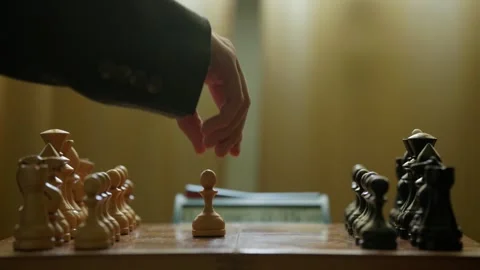 Chess Opening with Two Opening Moves and Chess Clock Close Up Slow Motion Stock Footage 346302782