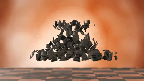 Chess piece black rook on a beige background shatters into fragments Stock Footage 145346953