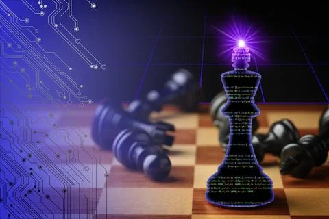 Chess piece filled with programming code standing among fallen ones, circui.. 写真素材