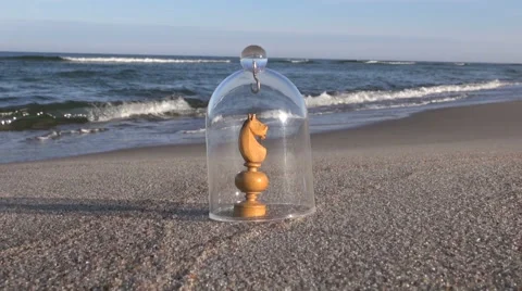 Chess piece under glass case on beach in the sand Stock Footage 57773135