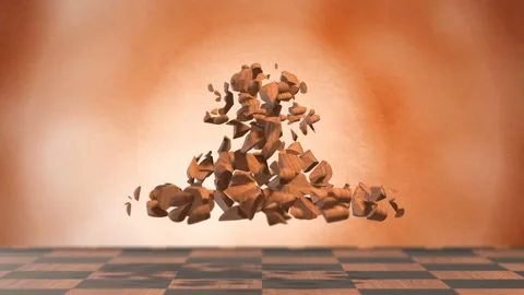 Chess piece white bishop on a beige background shatters into fragments Stock Footage 145346730
