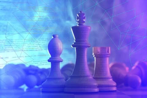 Chess pieces with binary code among fallen ones on table in neon lights Stock Photos