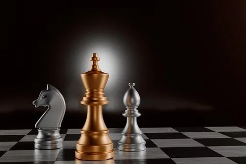 Chess pieces on a board with a dark background, featuring a king Illustrazione stock