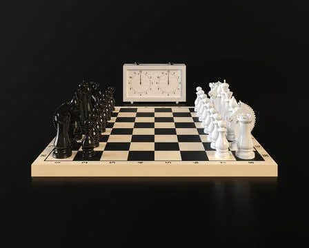Chess Pieces on a Checkerboard, Chess Clock on a dark background. 3d rendering Stock Illustration