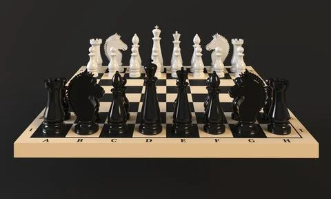 Chess Pieces on a Chess Board on a dark background. 3d rendering Illustrazione stock