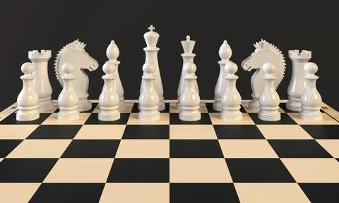 Chess Pieces on a Chess Board on a dark background. 3d rendering Stock Illustration