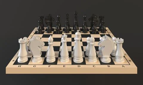 Chess Pieces on a Chess Board on a dark background. 3d rendering Stock Illustration