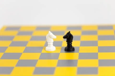 Chess pieces on chess board, two horses facing each other Foto stock