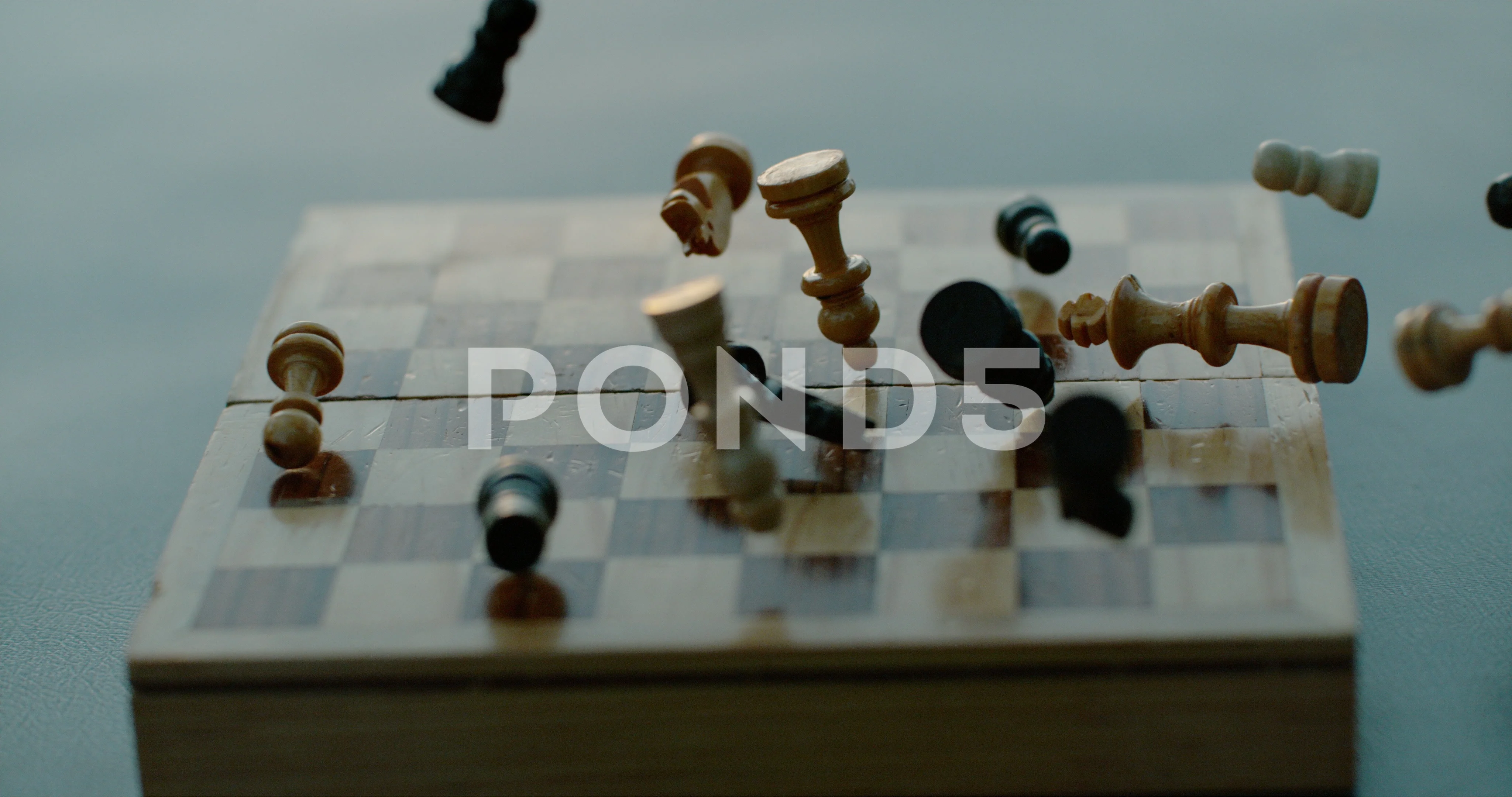 Super Slow Motion on the Chessboard Fall Wooden Chess Pieces