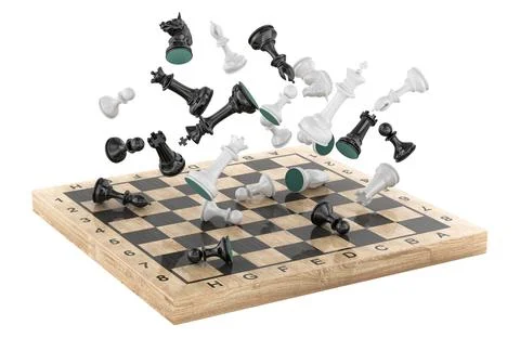 Chess pieces flying over board. 3D rendering Ilustração Stock