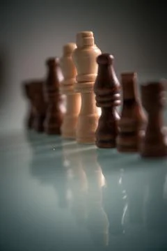 Chess pieces lined up on a table white and black Stock Photos