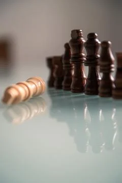 Chess pieces lined up on a table white and black with fallen king representin Stock Photos