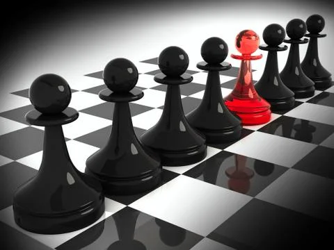 Chess pieces: one red made of glass pawn among seven classical shape black pa 库存插图
