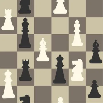 Chess pieces seamless pattern. Black and white figures on cage field ancient Stock Illustration