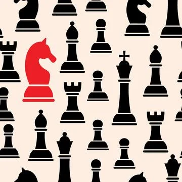 Chess Pieces Seamless Pattern with Black Silhouettes and Red Knight on Ligh.. Stock Illustration