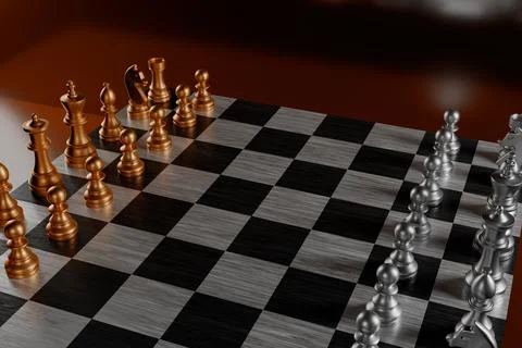 Chess pieces set on a board ready for a game. Illustrazione stock