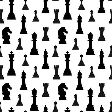 Chess pieces silhouette vector seamless pattern isolated on white background. Stock Illustration