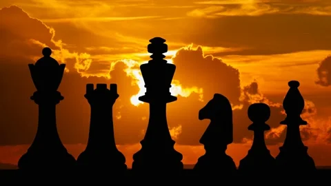 Chess Pieces with Sunset in Background, Time Lapse with Red Sun and Fiery Sky Stock Footage 151756162