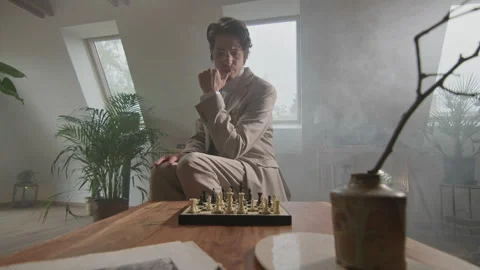 Chess player in coat and eyeglasses makes a strategic move in contest Stock Footage 319955171