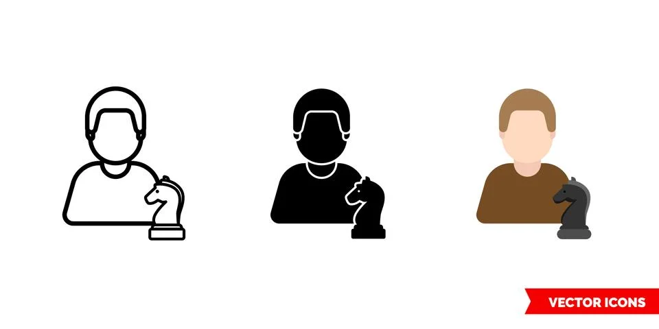 Chess player icon of 3 types color, black and white, outline. Isolated vector Stock Illustration