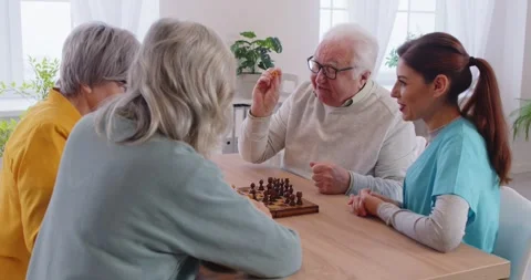 Chess playing, memory boosting game, active seniors play friends, mentally Stock Footage 317743432