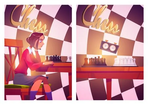 Chess posters with girl playing chess Stock Illustration