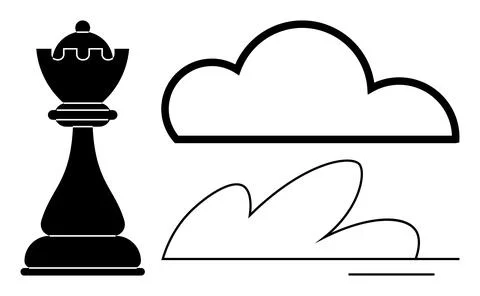 Chess Queen Piece with Cloud and Wave in Minimalist Black and White Line Art Stock Illustration