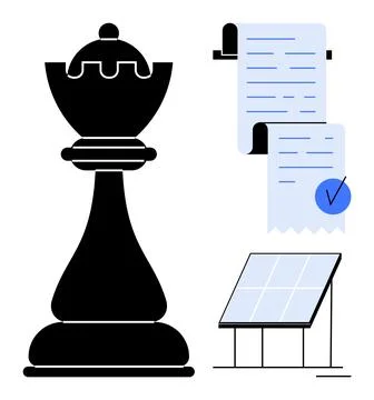 Chess Rook, Document, and Solar Panel Symbolism Stock Illustration