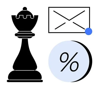 Chess rook, envelope with notification blue dot, and percentage sign in circl Stock Illustration