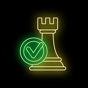 Chess rook piece with green checkmark neon icon Stock Illustration