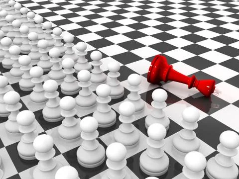 Chess. Rows of white pawns attacks red falling lying king on chessboard Stock Illustration