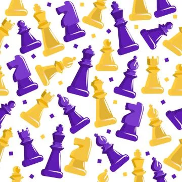Chess seamless pattern. Purple and yellow figures on cage field ancient strategy Stock Illustration
