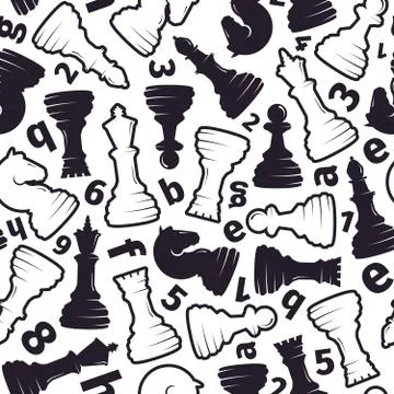 Chess seamless pattern. Stylish chess pieces in circle with Latin letters Stock Illustration