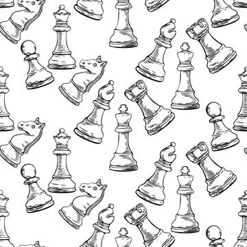 Chess sketch seamless pattern with repeating game pieces Stock Illustration